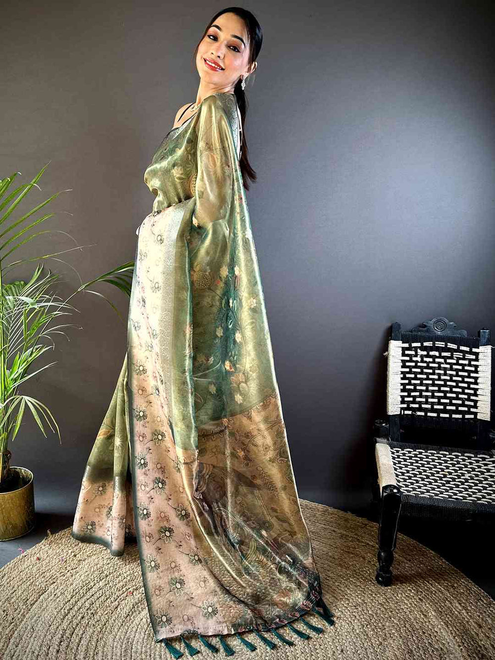 Green Floral Satin Bentex Border Saree