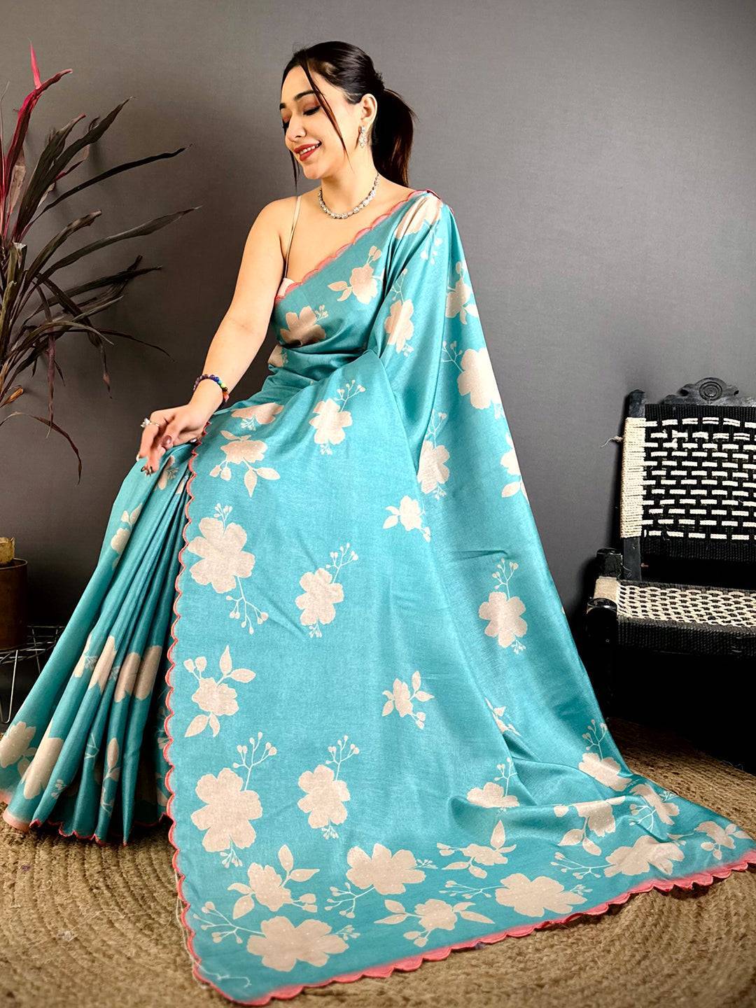 Royal Aqua Tussar Designer Saree