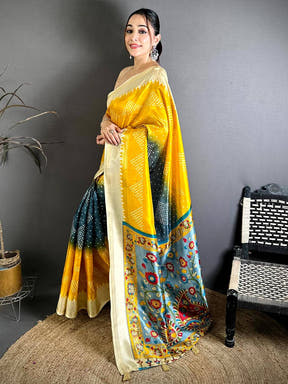 Stylish Kalamkari Pallu Bandhej Print Saree
