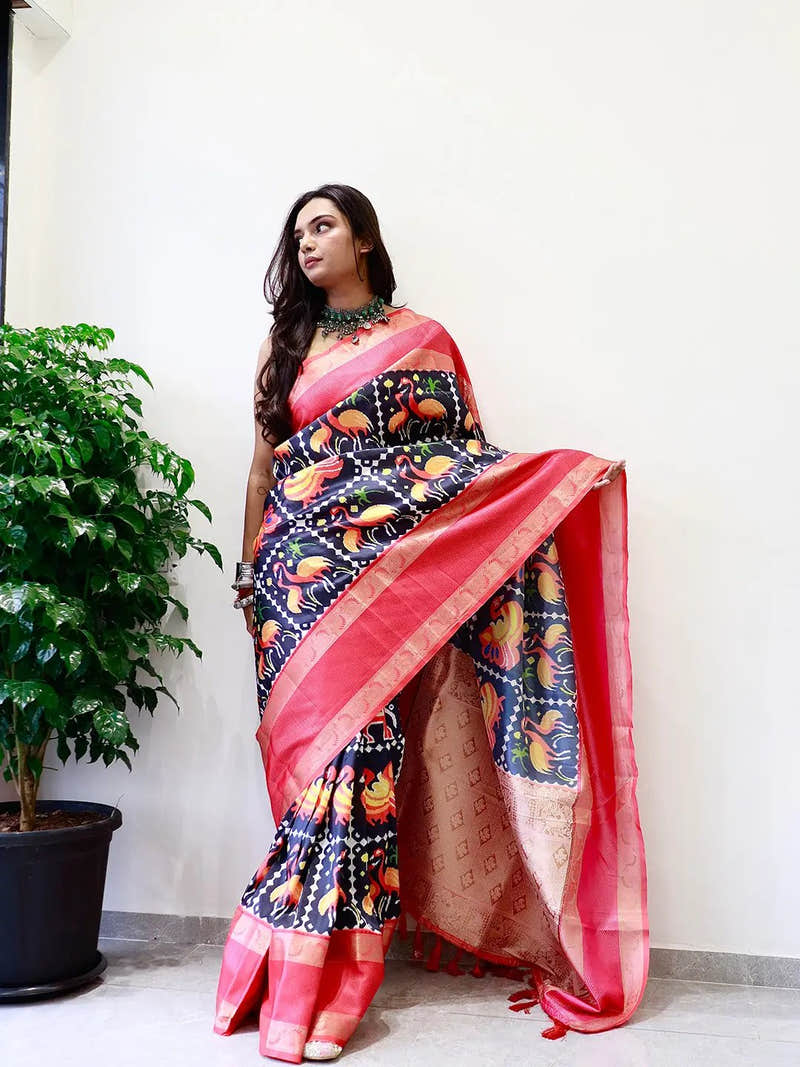 Attractive Black Gadwal Border Pochampally Print Saree