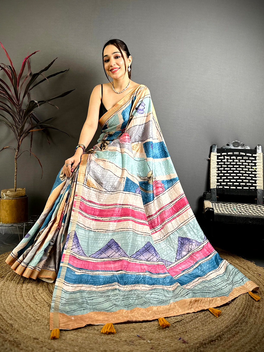 Digital Kalamkari Stylish Tussar Saree