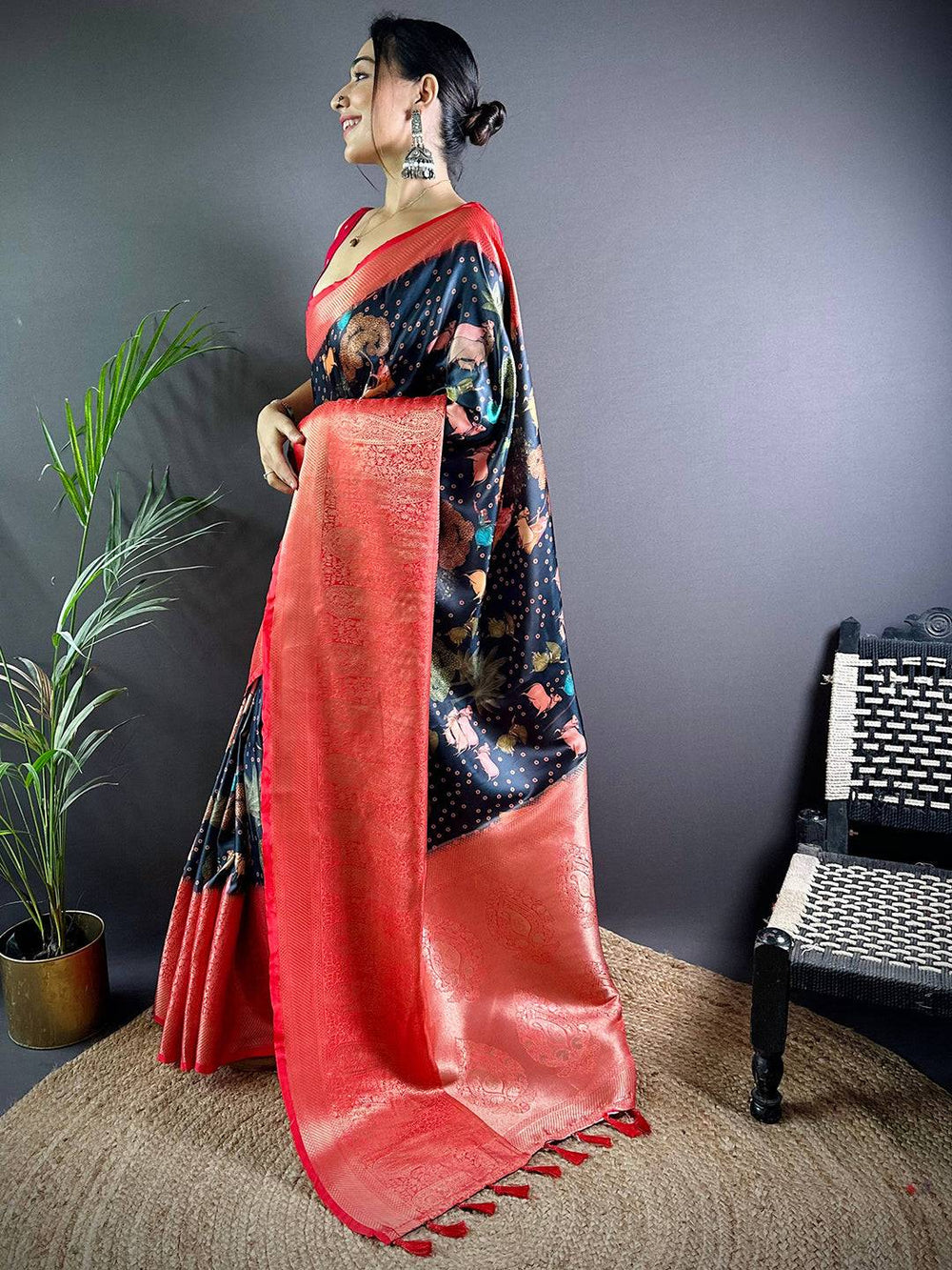 Black Satin Pichwai Print Saree