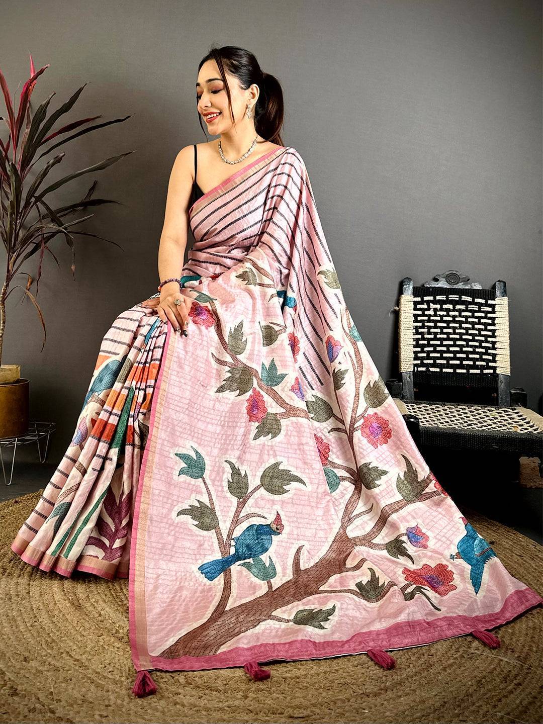 Baby Pink Tussar Ghicha Floral Bird Saree