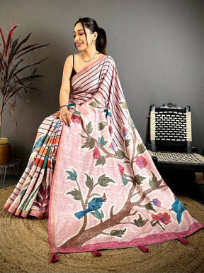 Baby Pink Tussar Ghicha Floral Bird Saree