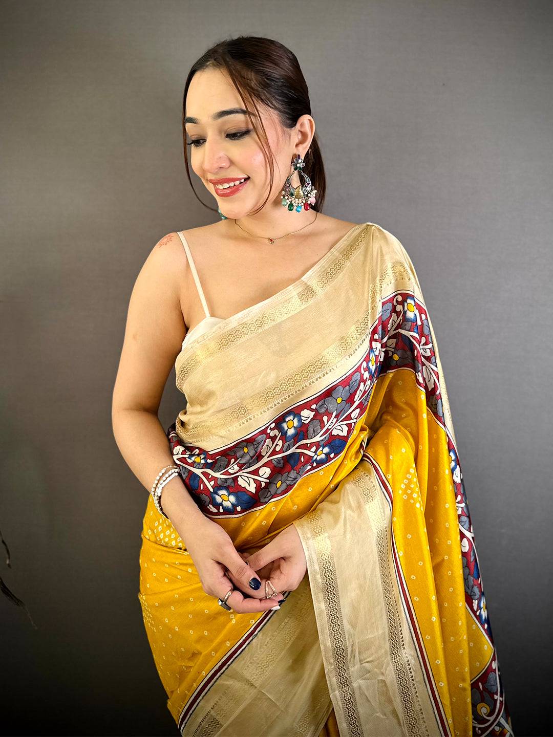 Stylish Bandhej Print Dola Silk Saree