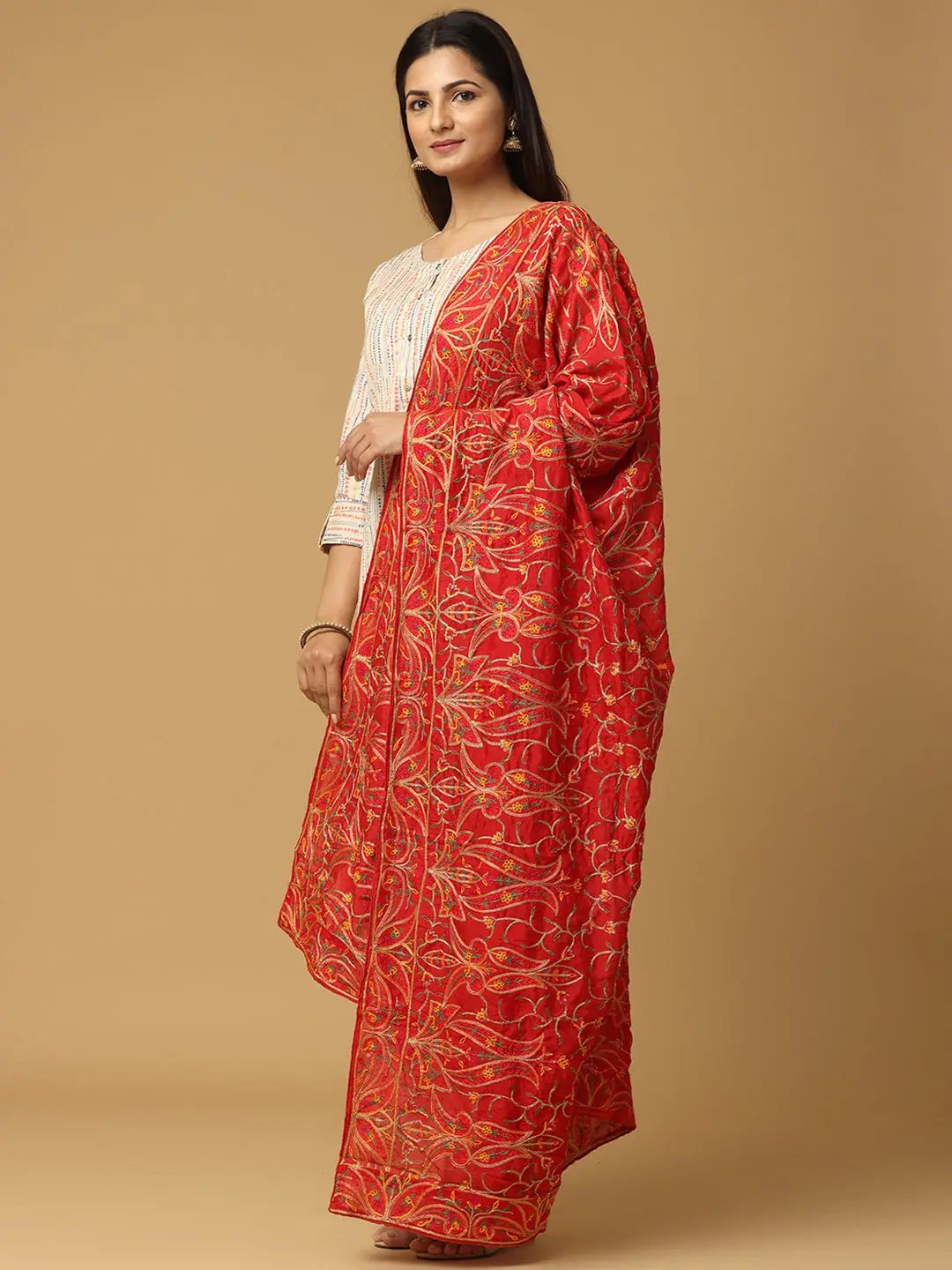Side view of Red Poly Chiffon Pashmina Dupatta