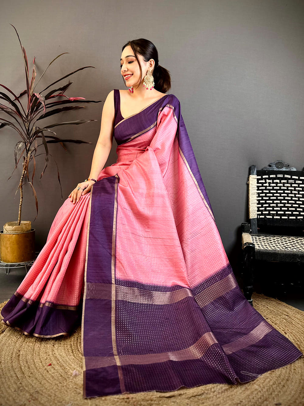 Rose Pink Tussar Gold Zari 1000 Butti Saree