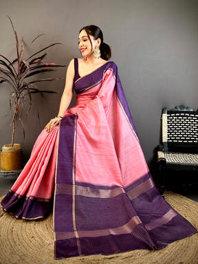 Rose Pink Tussar Gold Zari 1000 Butti Saree