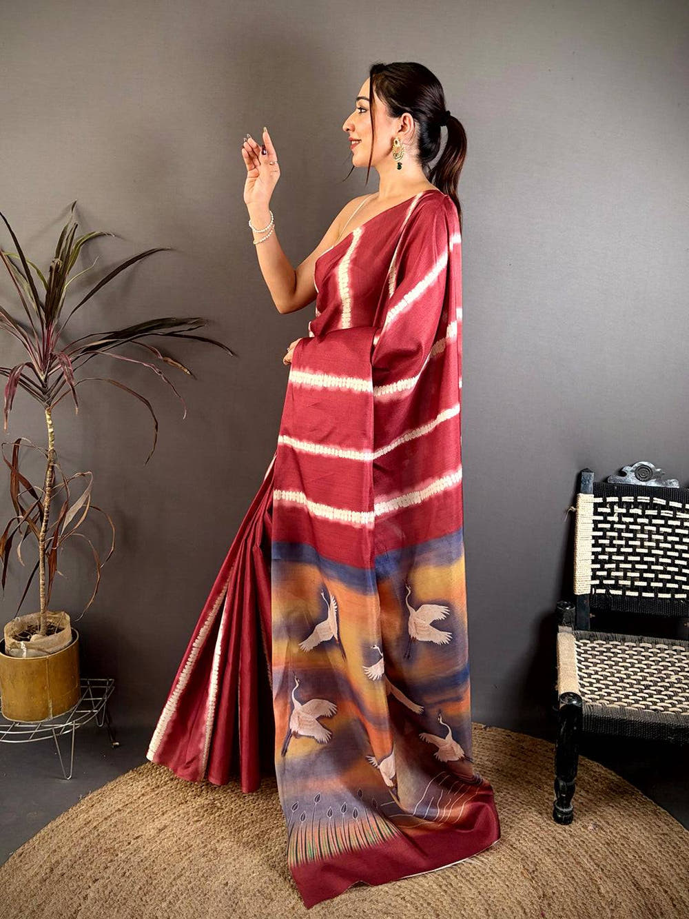 Soft Tussar Bird Shibori Print Saree