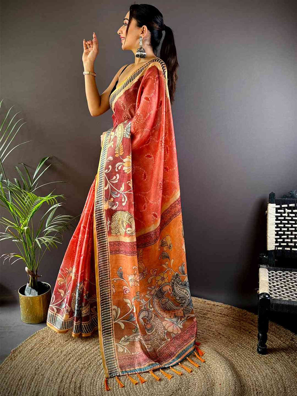 Rose Red Floral Chanderi Saree