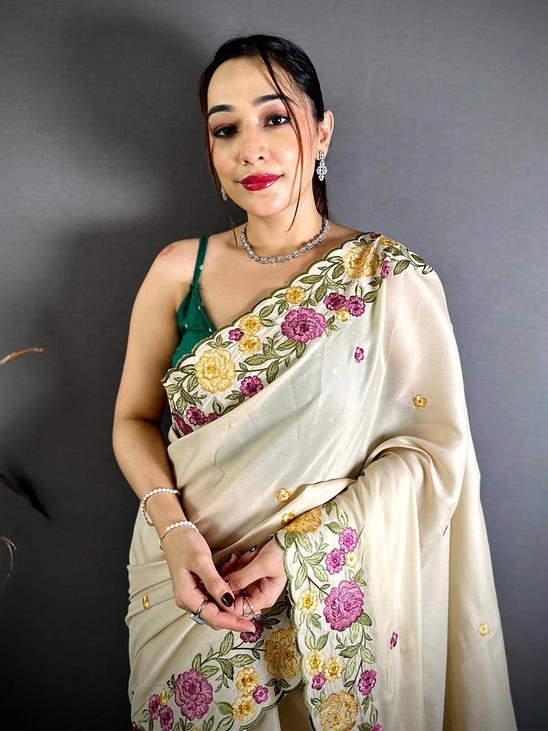 White Embroidered Cutwork Soft Silk Saree