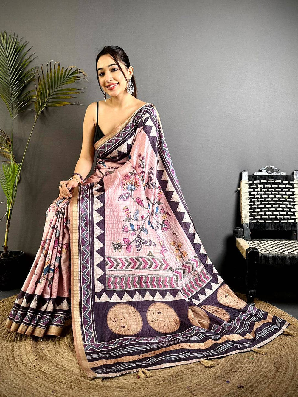 Opulent Ajrakh Kalamkari Tussar Saree


