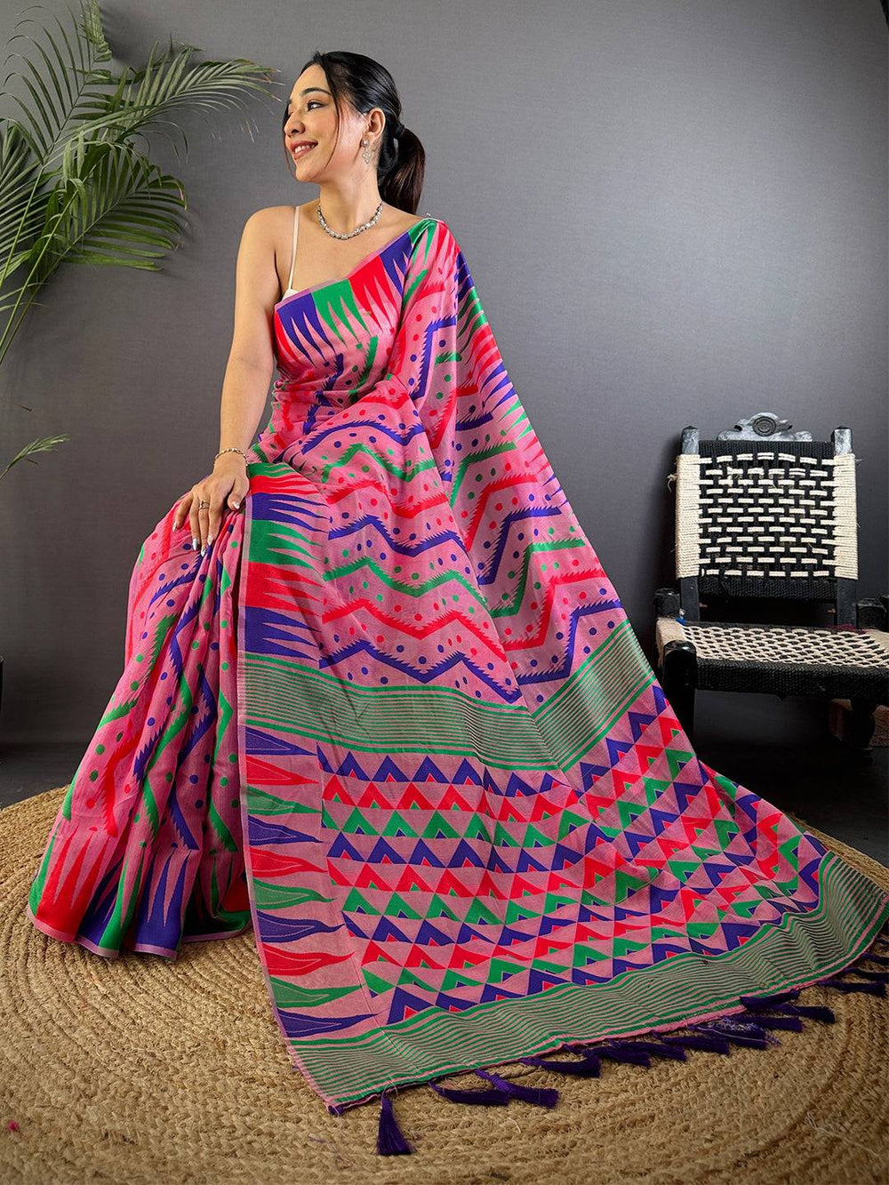 Bright Pink Dhakai Cotton Jamdani Saree