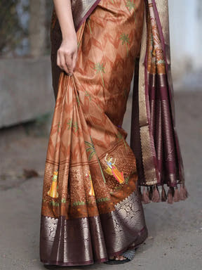  Coffee Brown Viscose Dola Silk Saree With Pichwai Print