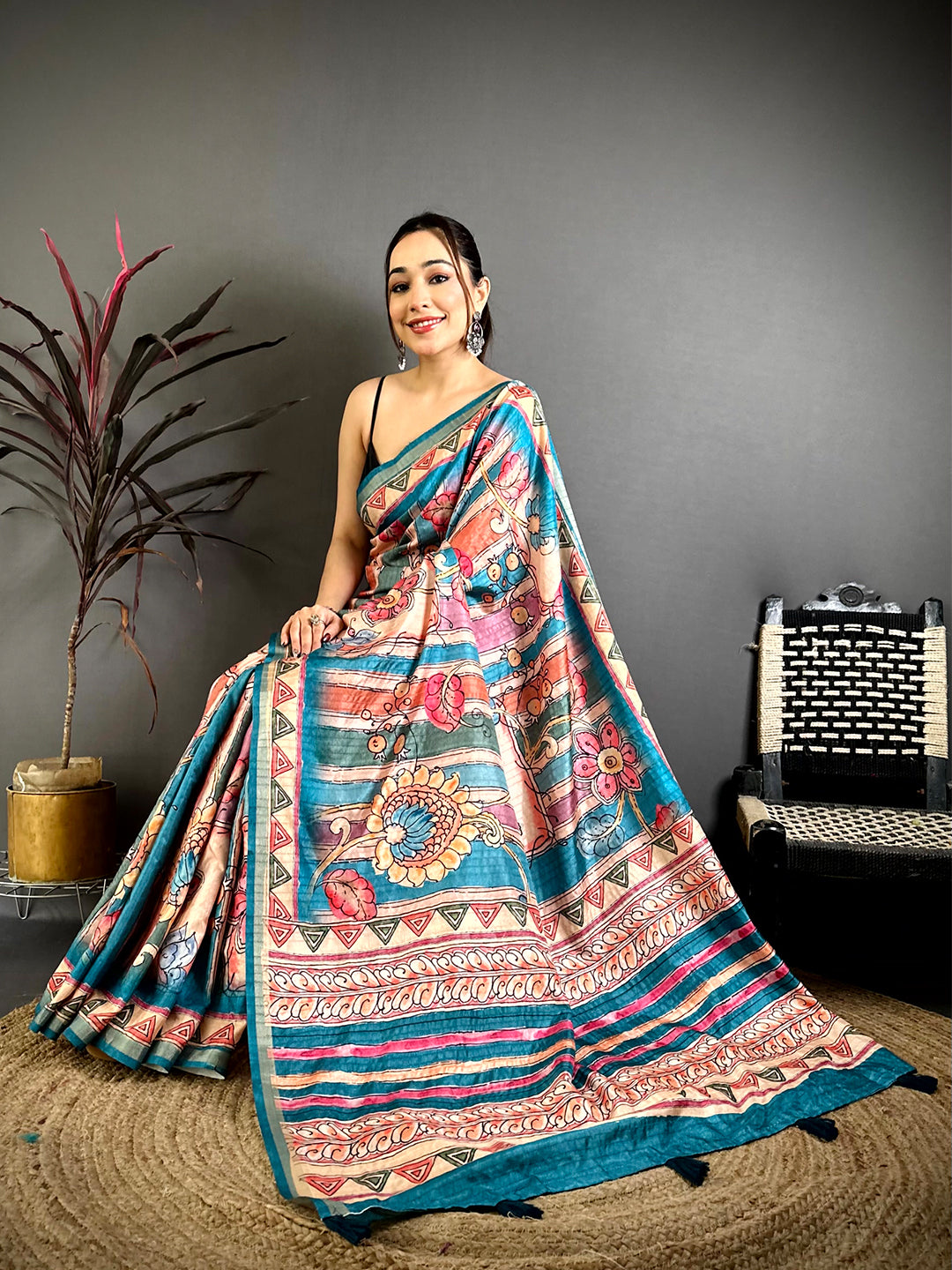 Vibrant Tussar Rainbow Striped Saree