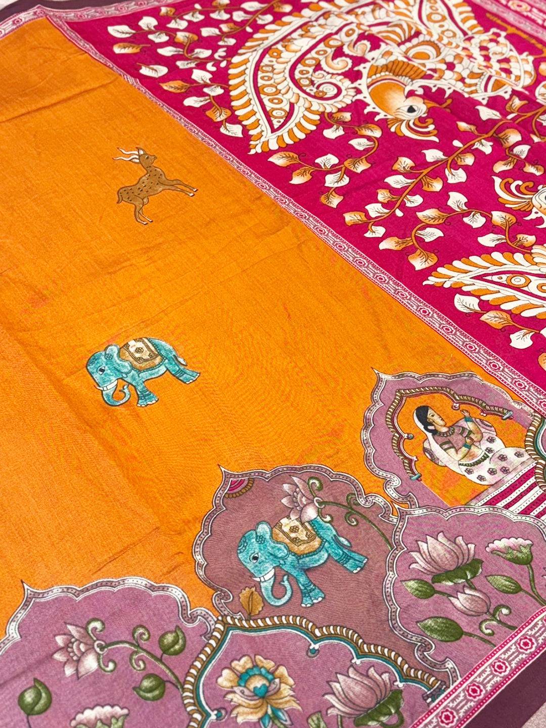 Orange Mul Kalamkari Printed Saree