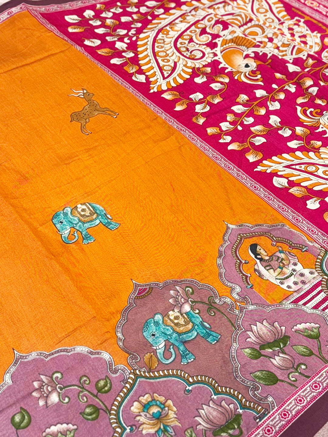 Orange Mul Kalamkari Printed Saree