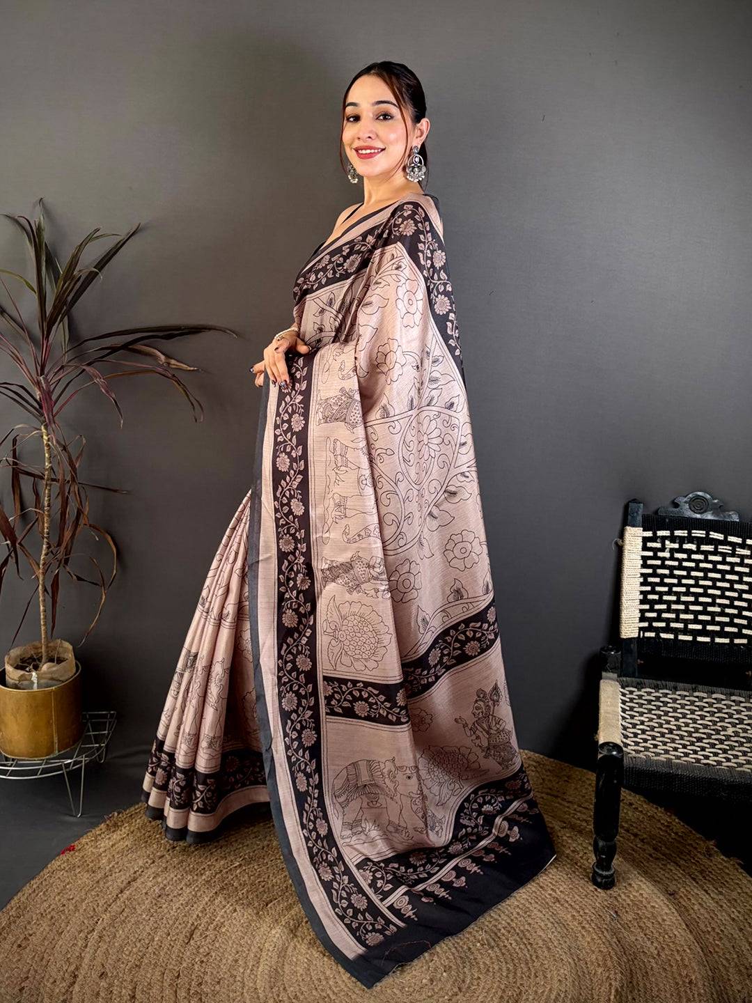 Rust Pen Kalamkari Print Soft Tussar Saree