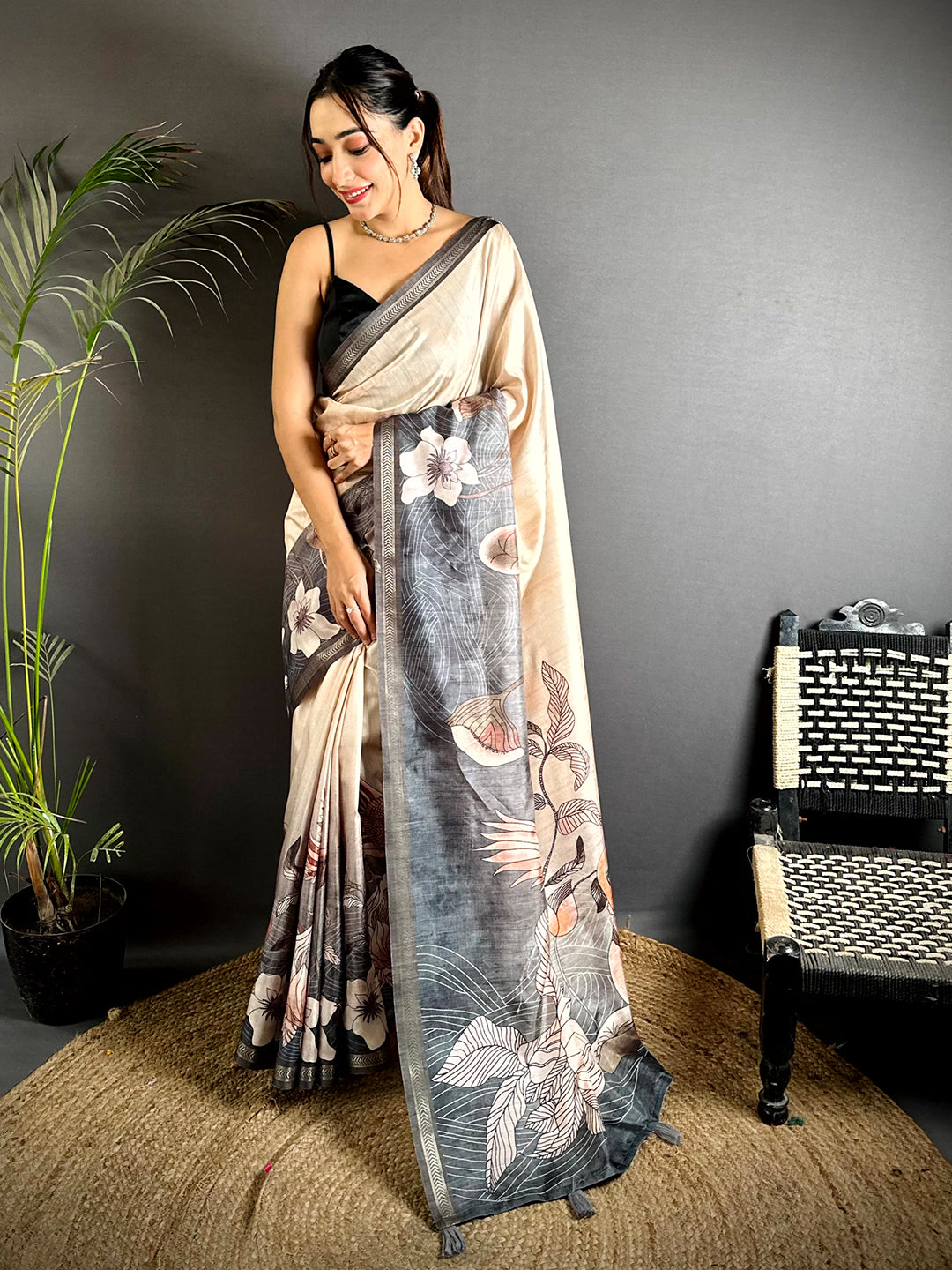 Ivory Tussar Ghicha Floral Fusion Saree