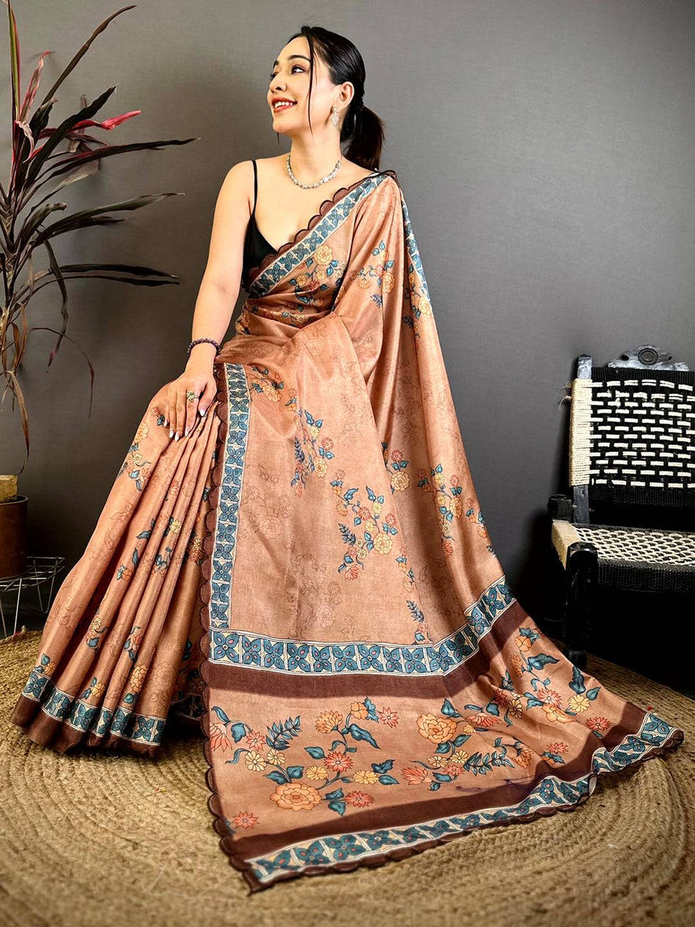 Elegant Kalamkari Cutwork Tussar Saree