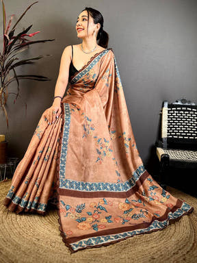 Elegant Kalamkari Cutwork Tussar Saree