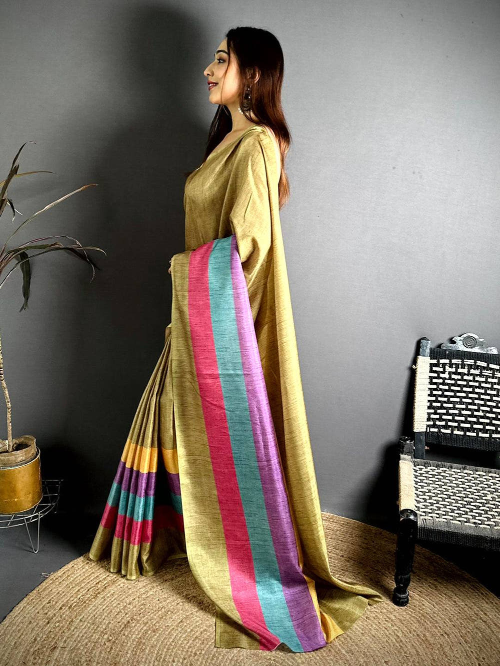 Classic Ghicha Stripe Digital Tussar Saree