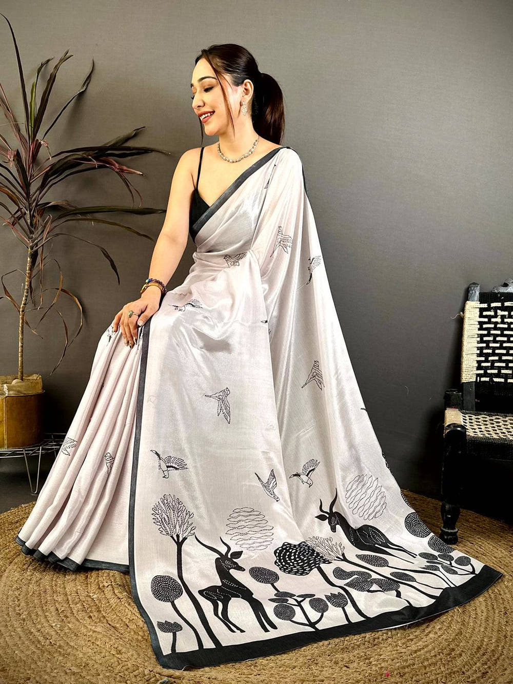 Elegant Bird Print Soft Chiffon Saree