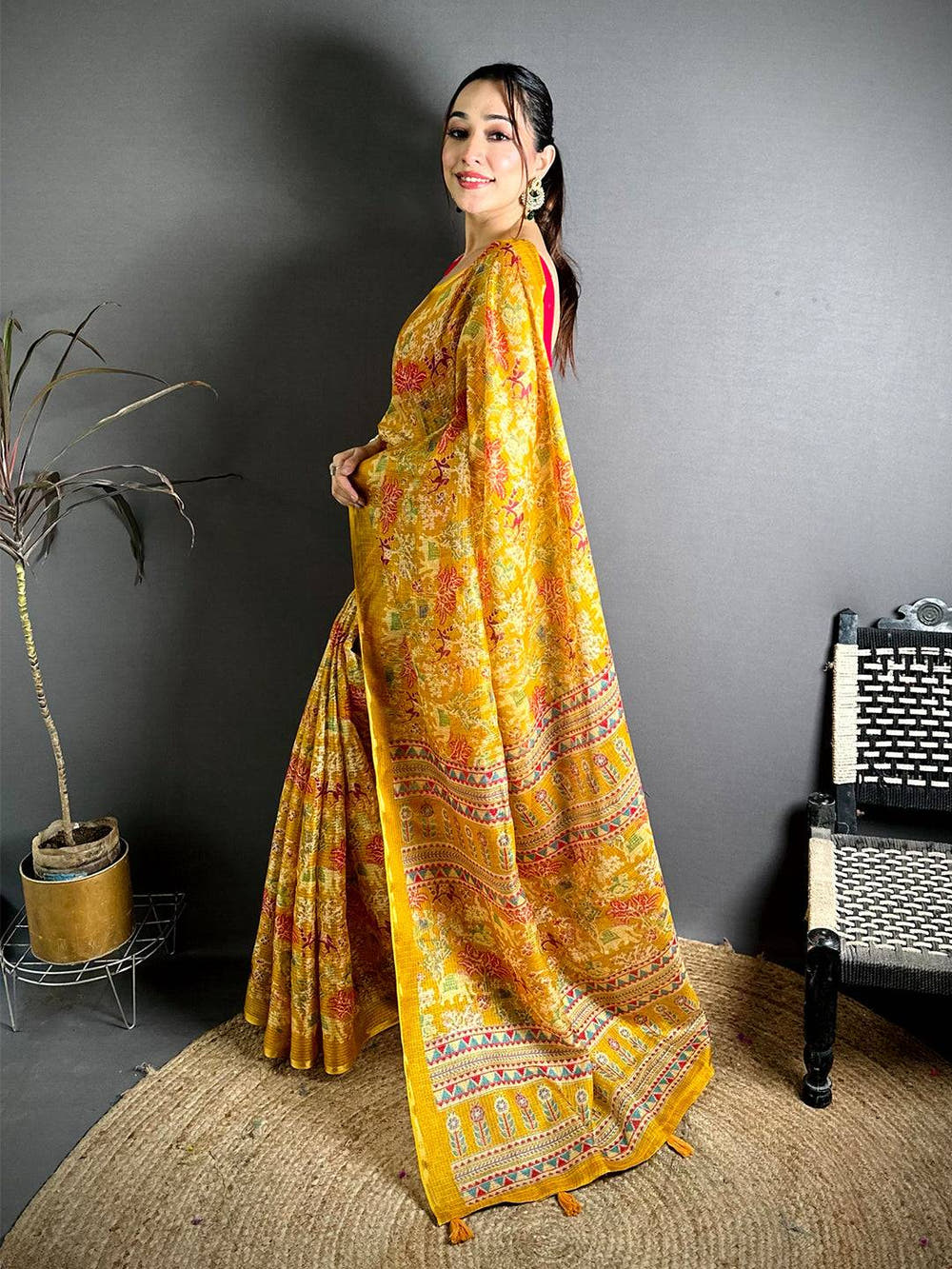 Mustard Kota Doriya Kalamkari Print Saree