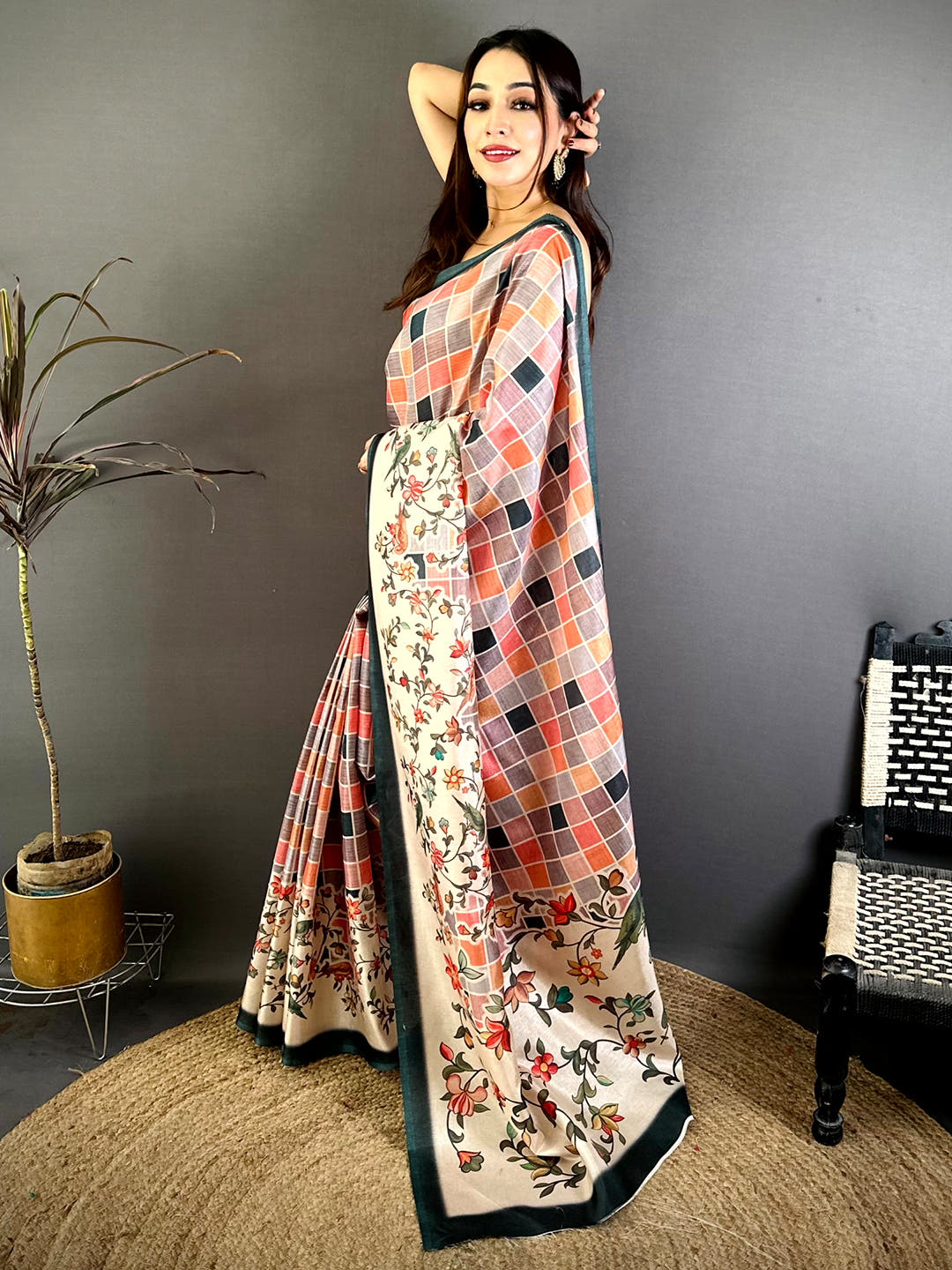 Elegant Tussar Floral Check Print Saree