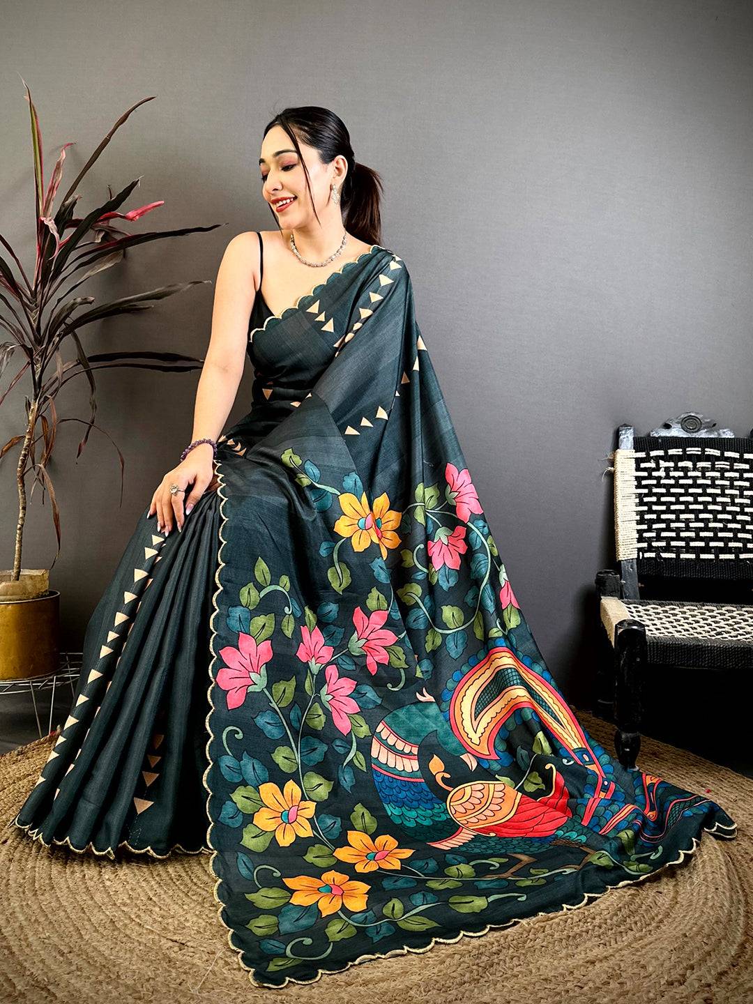 Heritage Kalamkari Cutwork Tussar Saree