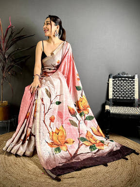 Pastel Pink Ghicha Tussar Floral Saree
