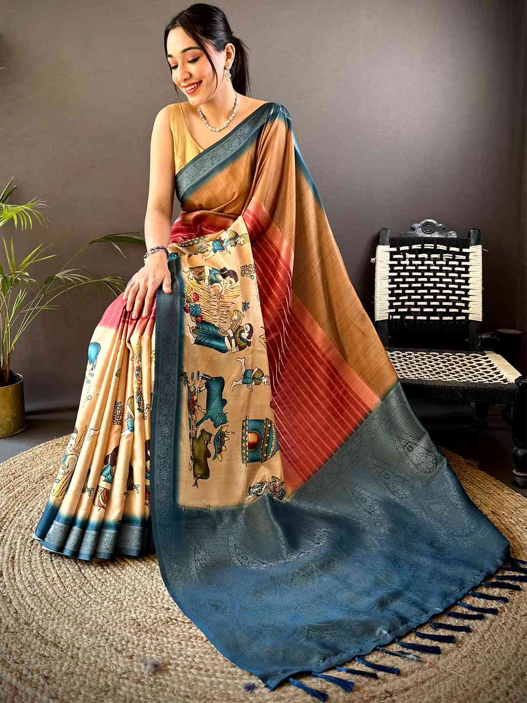 Coffee Brown Kalamkari Ombre Soft Silk Saree