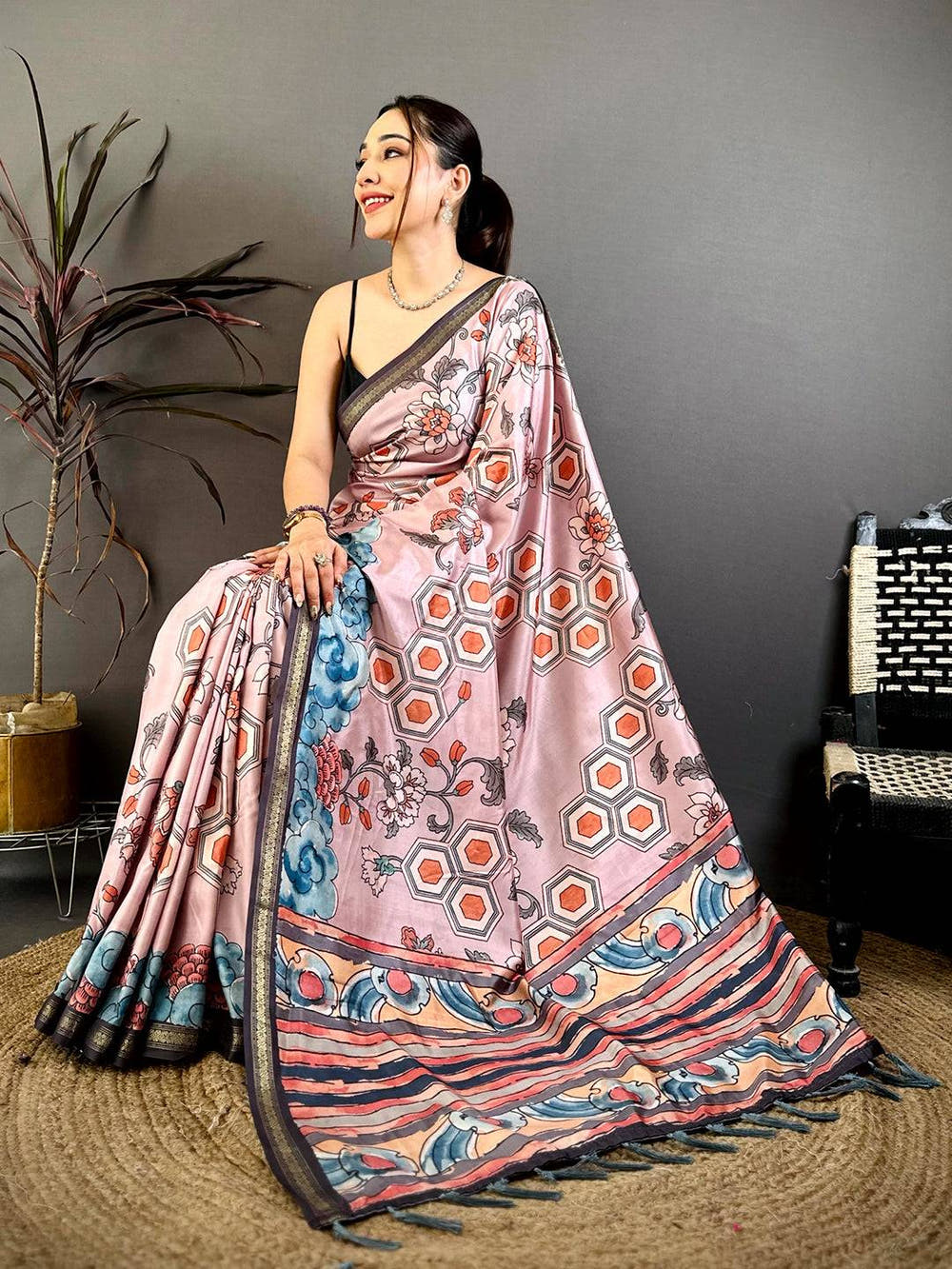 Royal Kalamkari Rudrakh Zari Border Saree