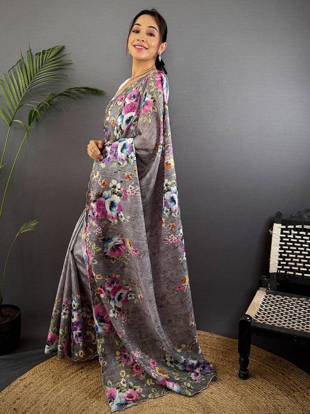 Charcoal Grey Floral Cut Work Kota Saree