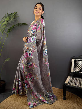 Charcoal Grey Floral Cut Work Kota Saree