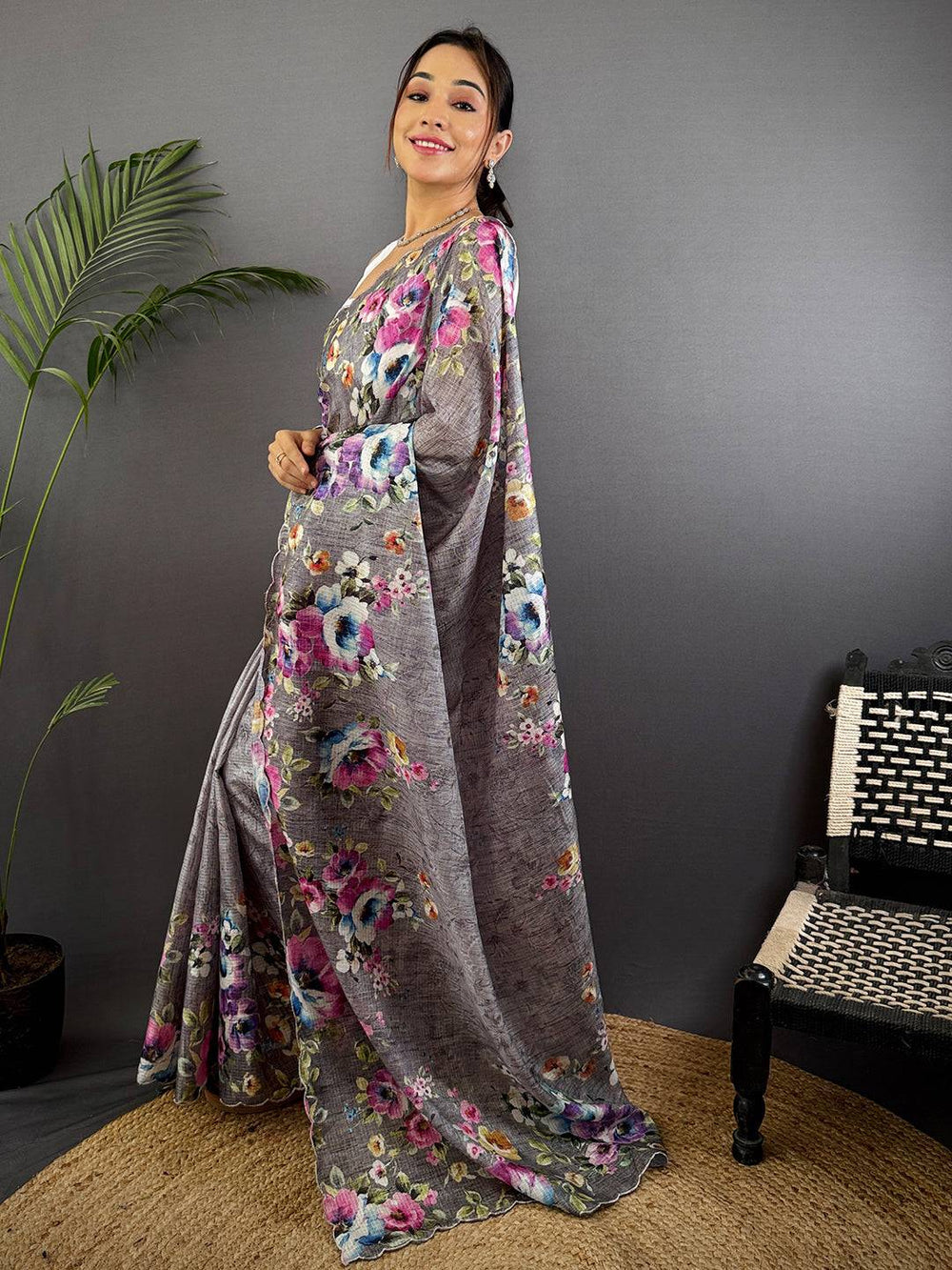 Charcoal Grey Floral Cut Work Kota Saree