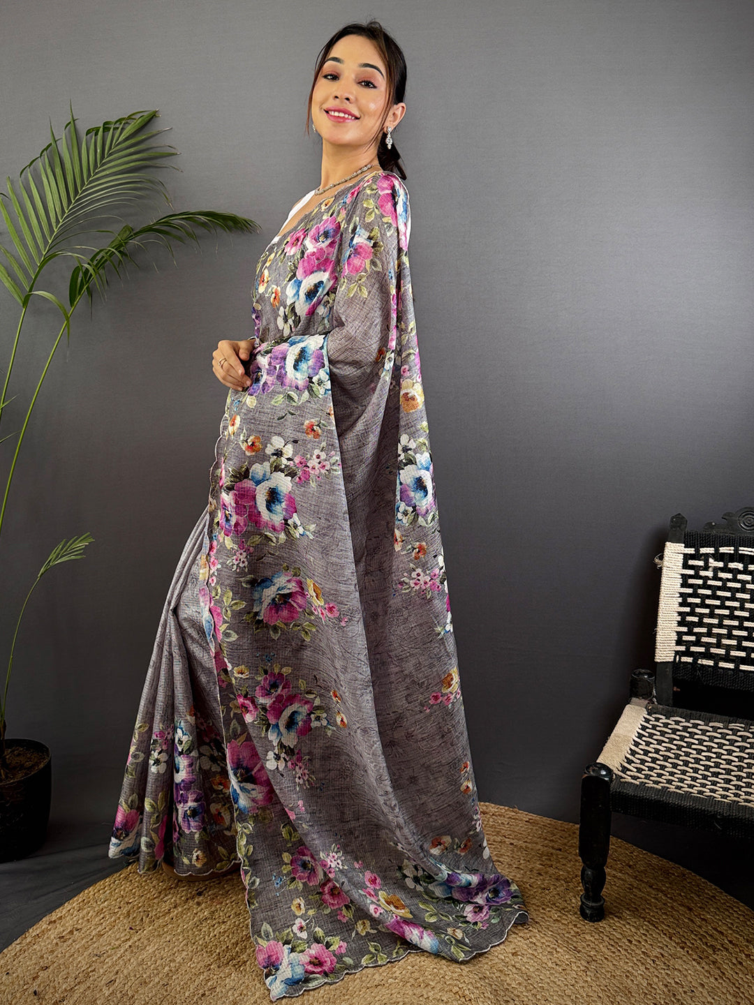 Charcoal Grey Floral Cut Work Kota Saree