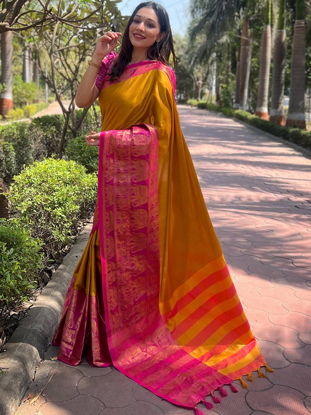 Traditional Mustard Saree with Pink Self Weaving Brocade