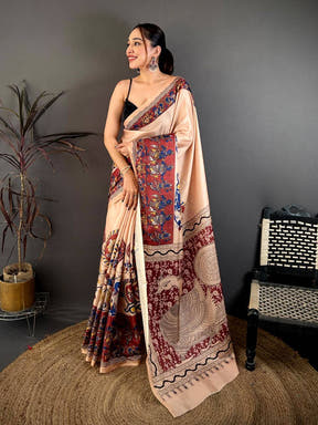 Radiant Kalamkari Border Soft Tussar Saree