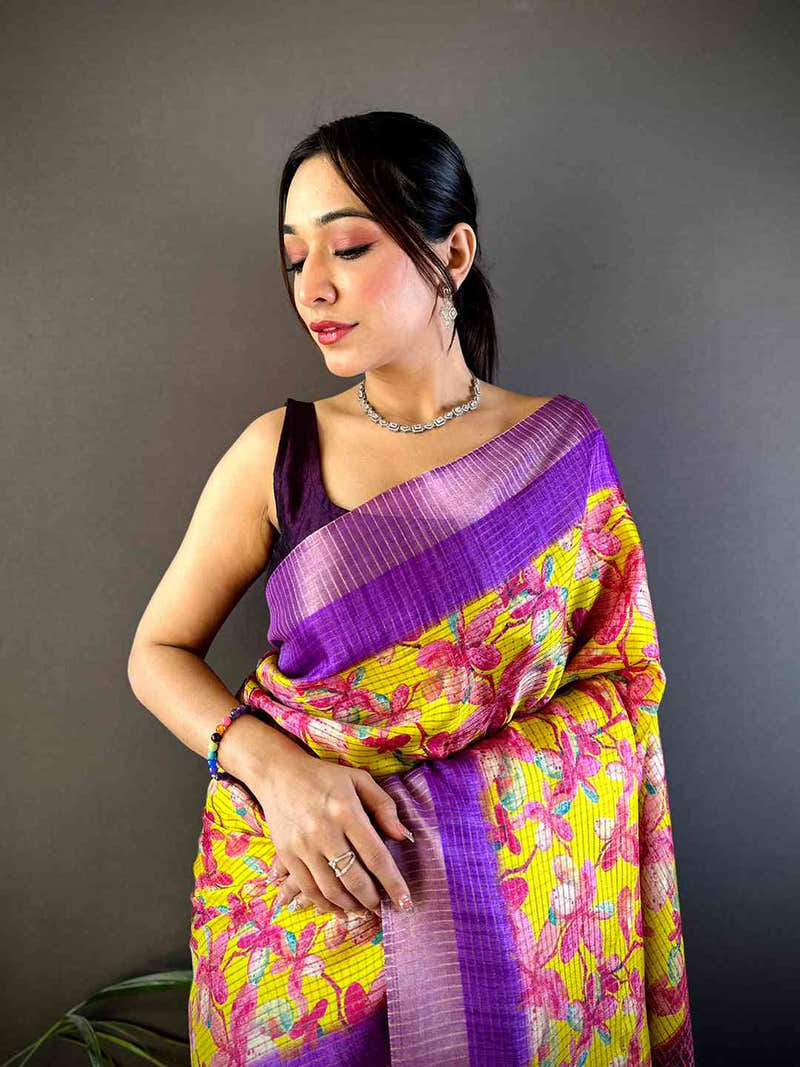 Radiant Yellow Tissue Chanderi Digital Print Saree
