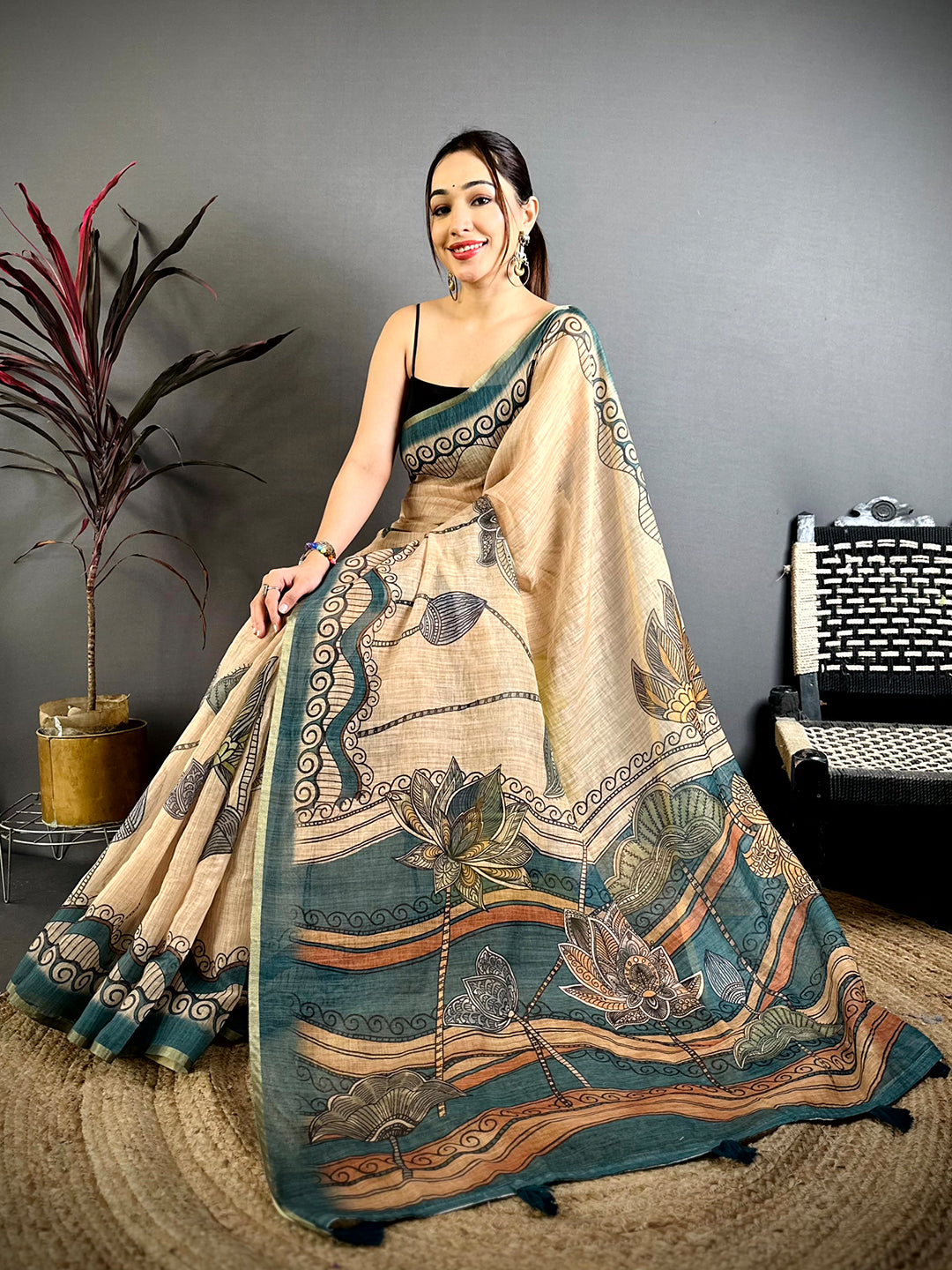 Heritage Freehand Kalamkari Linen Saree