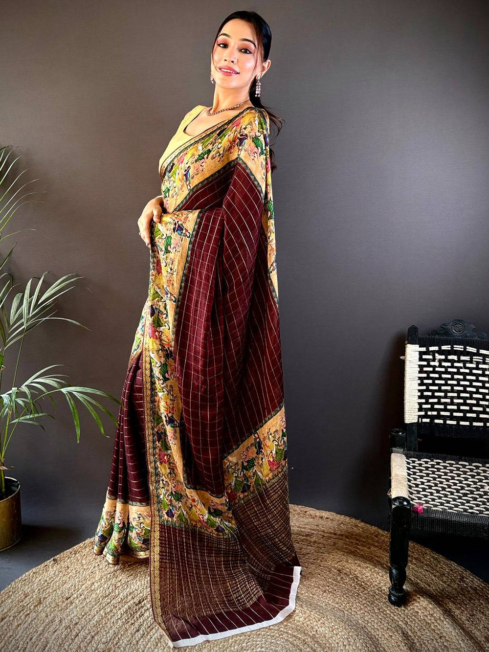 Brown Chinnon Chiffon Kalamkari Saree