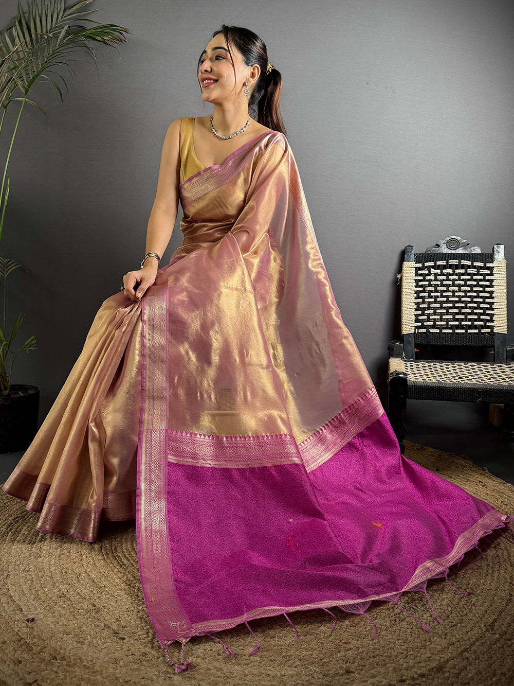 Radiant Wine Gold Zari Tissue Saree