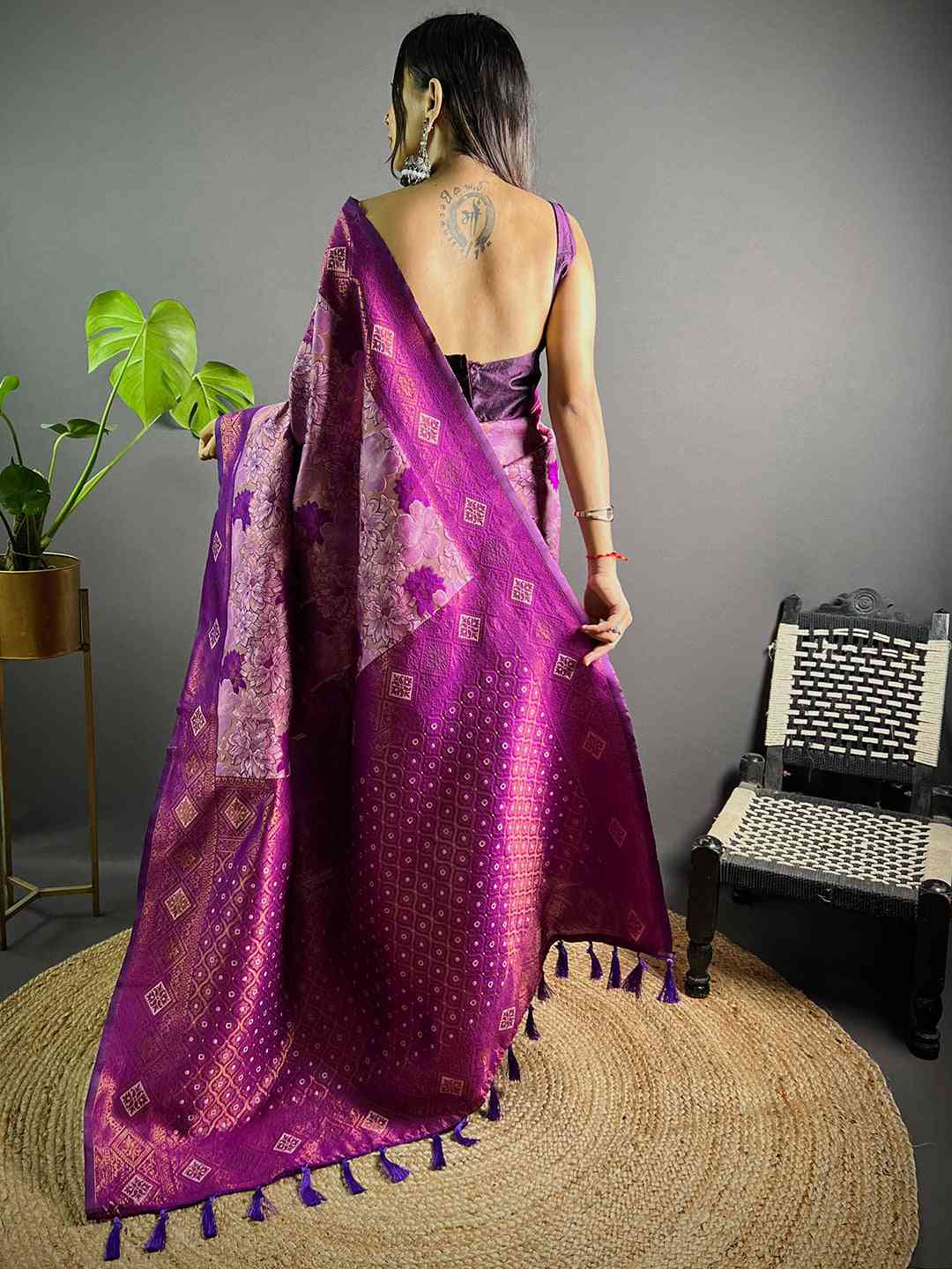 Back view of lavender soft silk butta weaving saree