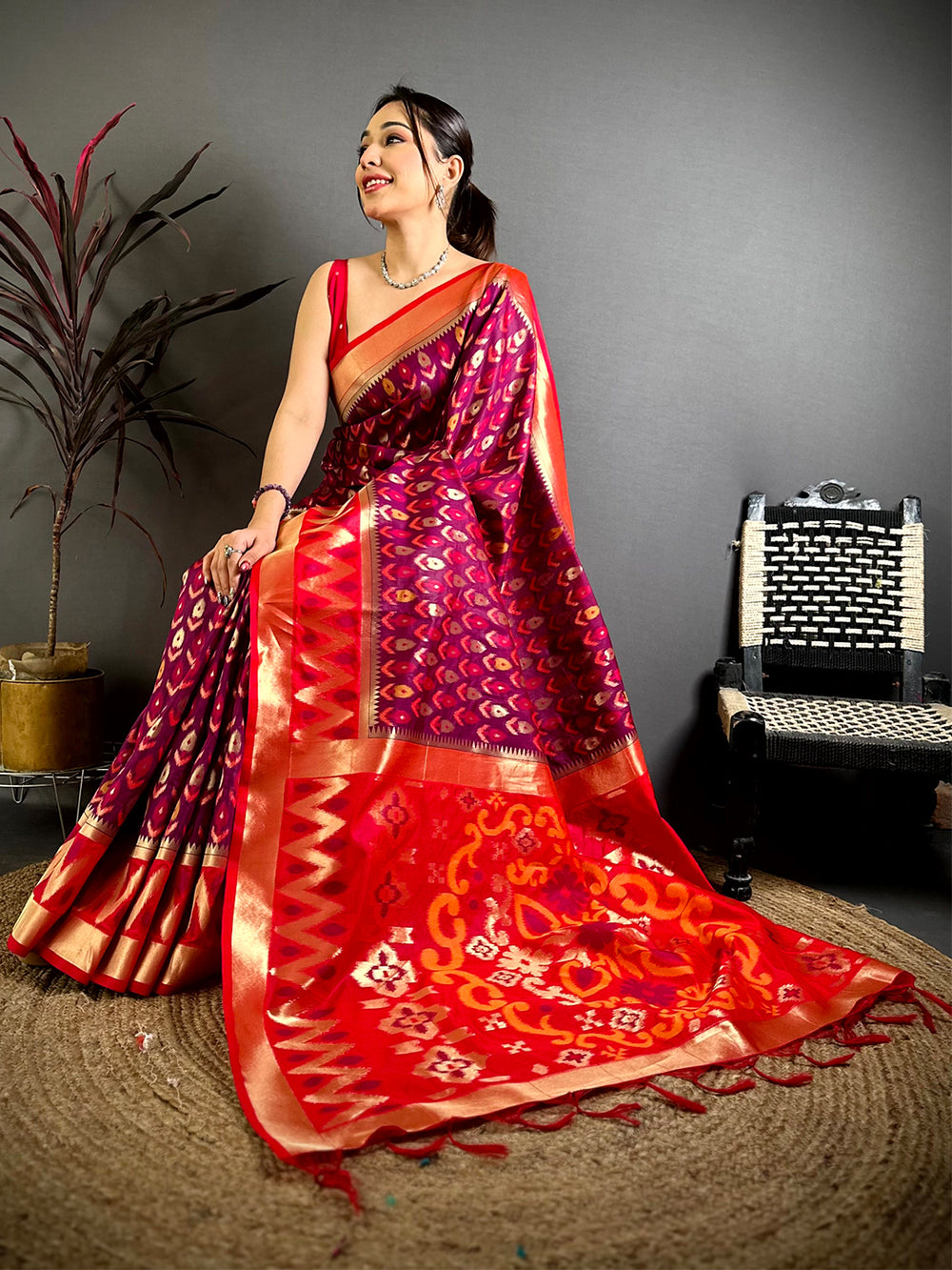 Maroon Double Ikkat Soft Silk Saree