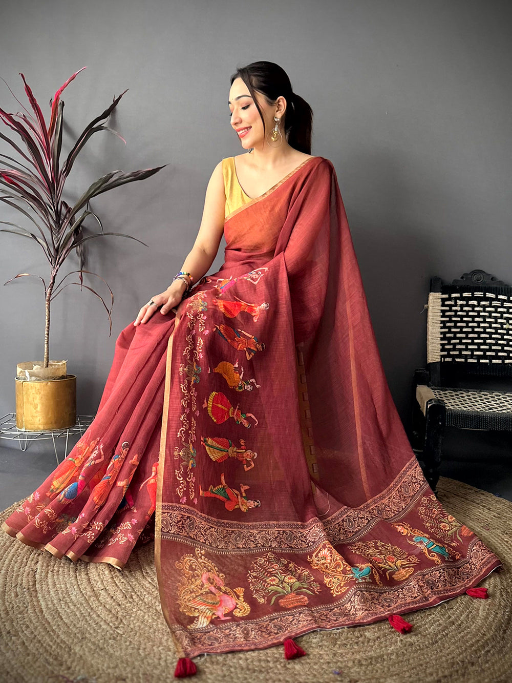 Maroon Bharatanatyam Art Linen Saree