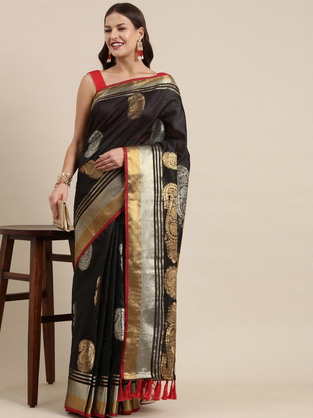  Kanjivaram Black Colour Woven Design Silk Saree