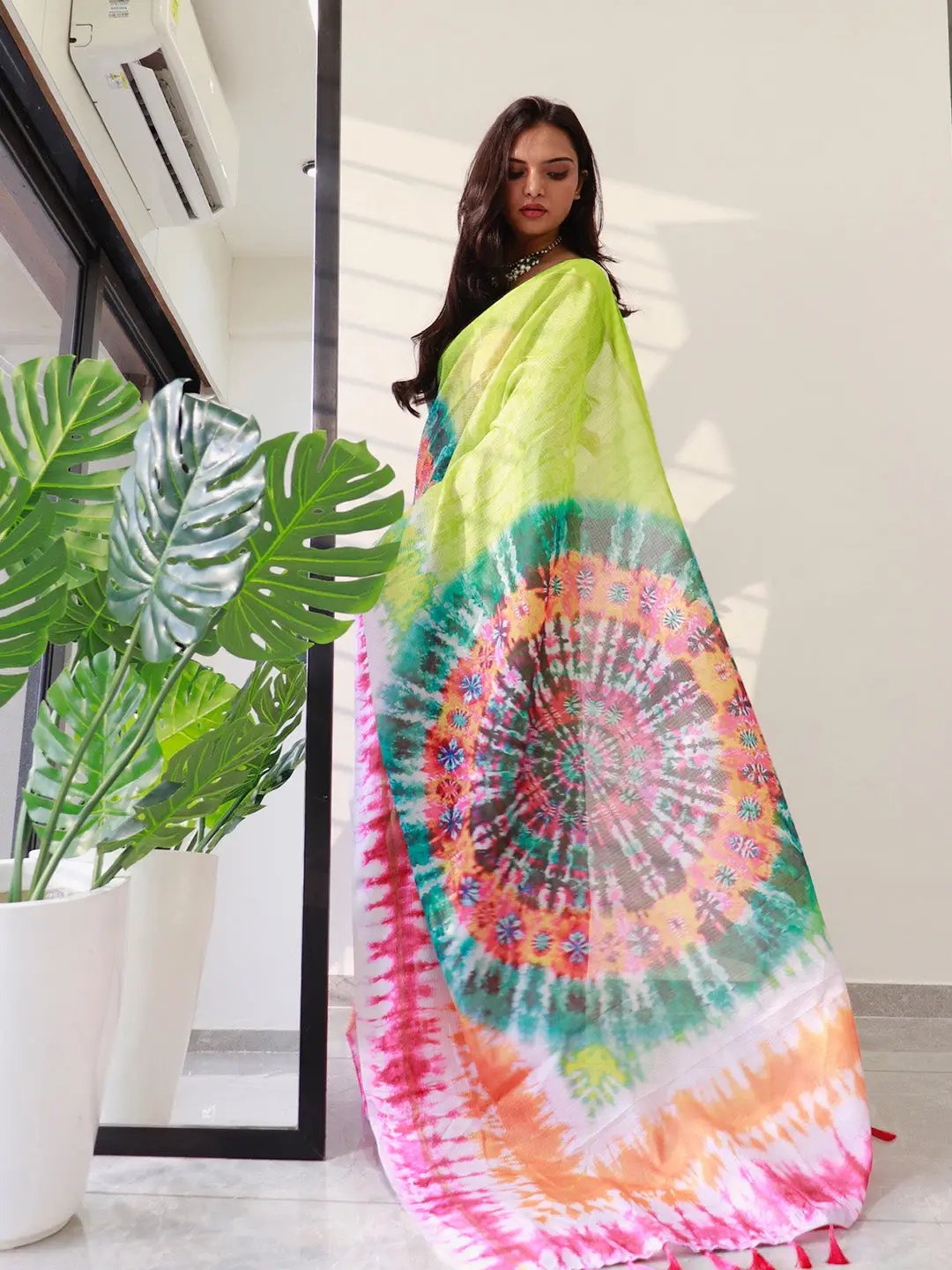 Back view of lime tie dye satin Kota Doriya saree with mandala