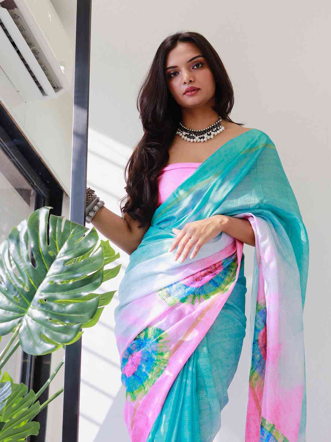 Stylish pink tie dye saree in satin Kota Doriya fabric
