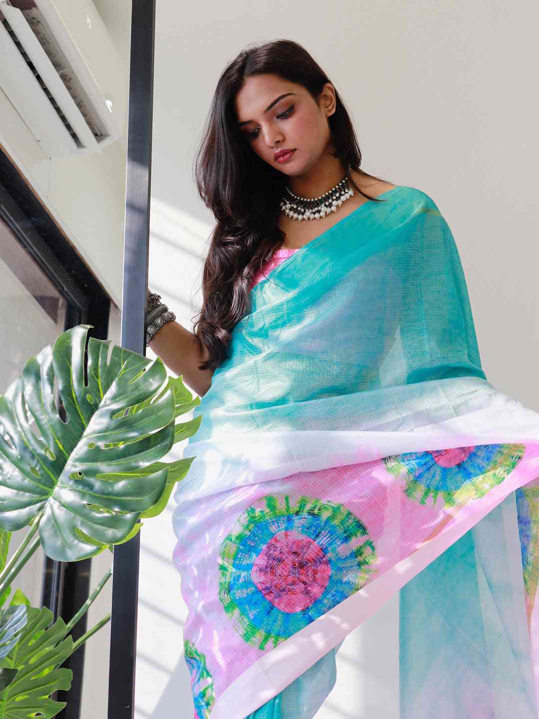 Satin Kota Doriya saree with vibrant pink tie dye pattern